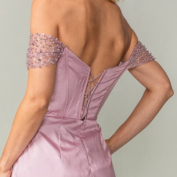 New Off The Shoulder Romantic Prom Dress w/ Boned Bodice & Leg Slit DQ 4401 - Picture 7 of 8